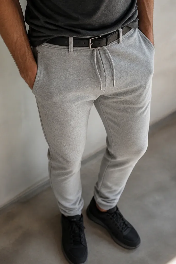 A close-up outfit view: heather gray sweatpants with a drawstring, a charcoal t-shirt tucked in front, and a black leather belt visible at the waistband, plus dark sneakers.