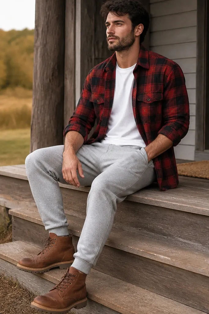 Gray sweatpants with a slim cuff, a red-and-black flannel worn open over a white tee, and brown work boots with thick soles.