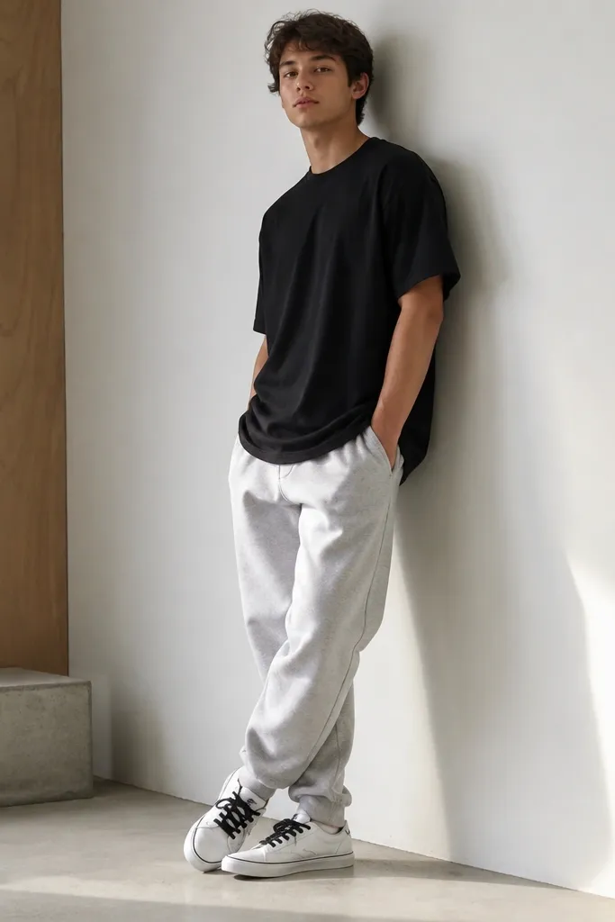 Gray sweatpants paired with a black oversized t-shirt worn untucked, and white skate shoes with low profile and black laces.