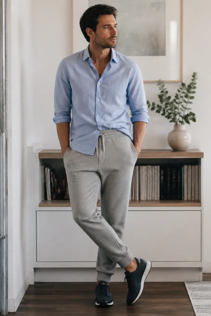 Gray sweatpants paired with a light blue oxford button-down worn half-tucked and rolled sleeves, plus dark sneakers.