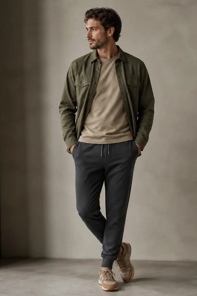 Charcoal gray sweatpants with a tapered leg, a sand-colored t-shirt, and an olive overshirt worn open, plus tan-brown sneakers.
