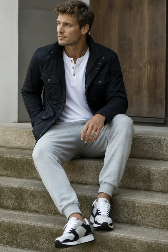 Gray sweatpants with cuffs, a white henley with three buttons, a black field jacket worn open, and black-and-white trainers.