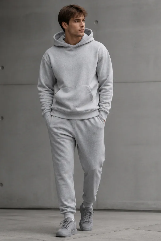 A full monochrome look: medium gray sweatpants, a lighter gray hoodie, and slightly darker gray sneakers, with the hoodie hem showing over the waistband.