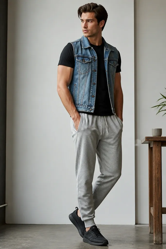 Gray sweatpants paired with a fitted black t-shirt and a blue denim vest layered on top, plus black sneakers.