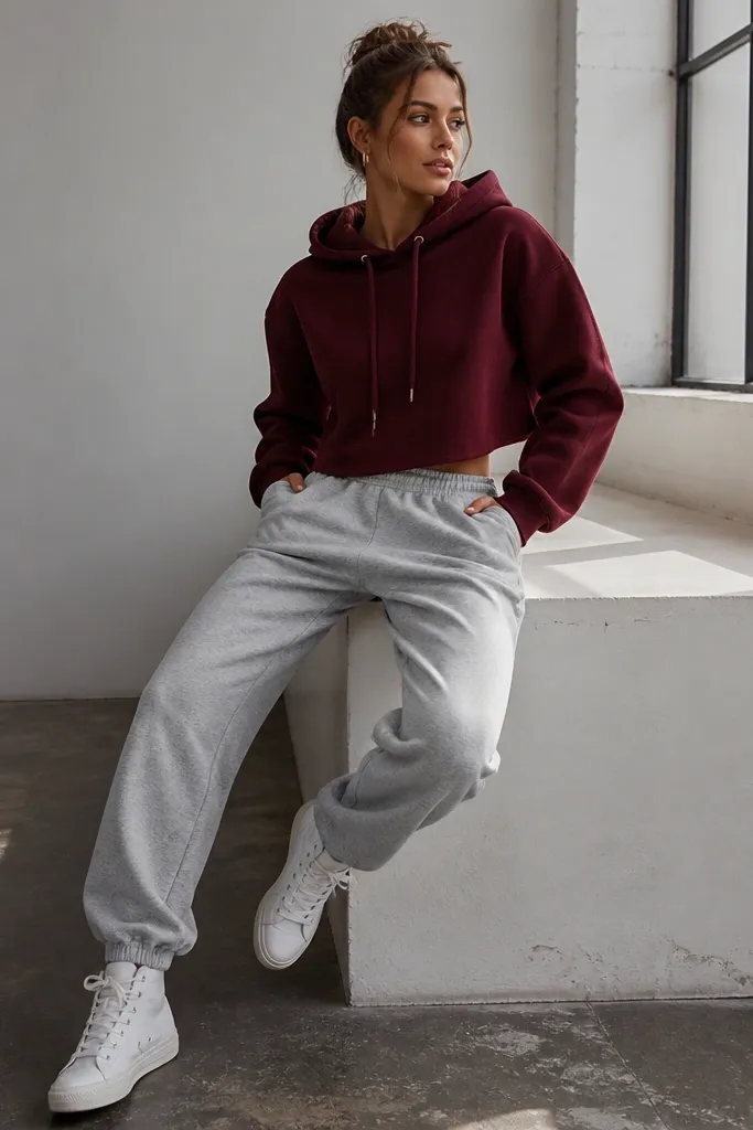 Gray sweatpants styled with a burgundy hoodie, slightly cropped at the hem, and white high-top sneakers with clean laces.