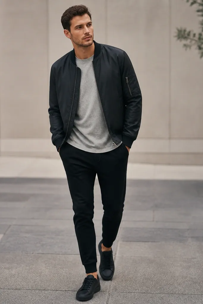 The focus is a gray t-shirt worn under a bomber jacket, with black tapered sweatpants and minimalist black sneakers.