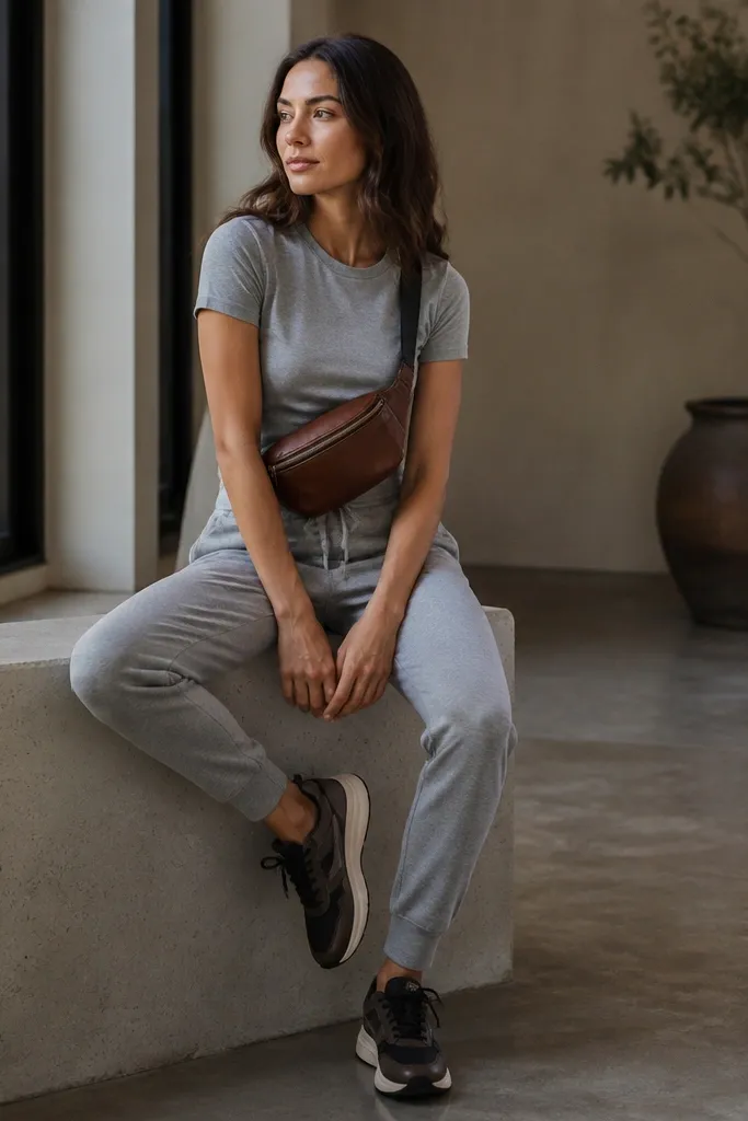 Gray sweatpants with a fitted gray t-shirt and a brown leather belt bag worn across the chest or waist, plus dark sneakers.