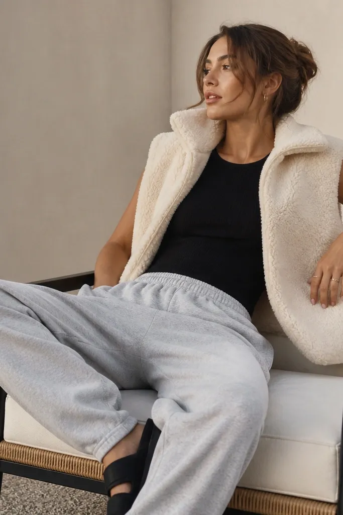 Gray sweatpants paired with a black ribbed muscle tank and a cream faux-shearling vest, plus black sandals or sneakers.
