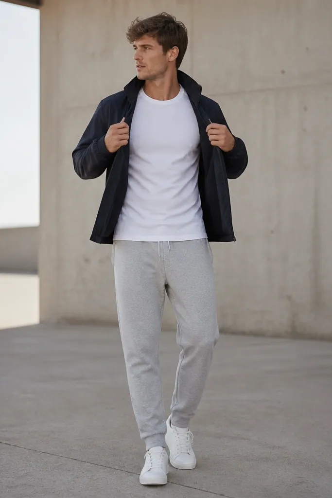 Gray sweatpants worn with a white t-shirt and a lightweight navy windbreaker jacket, held open slightly, with white sneakers.