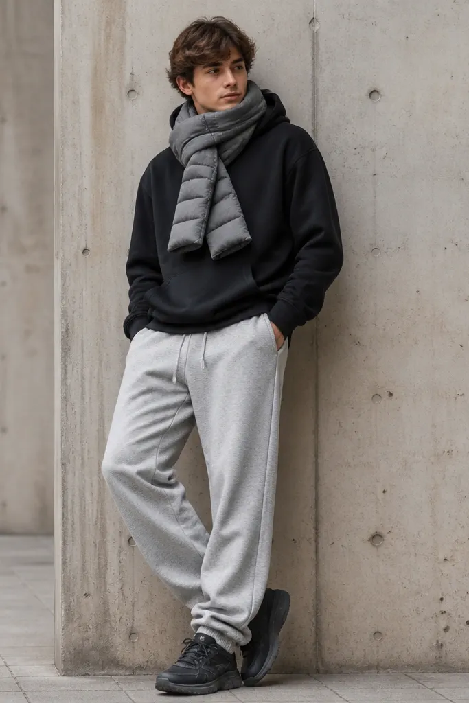 Gray sweatpants with a black hoodie and a gray puffer-style scarf wrapped around the neck, plus dark sneakers.