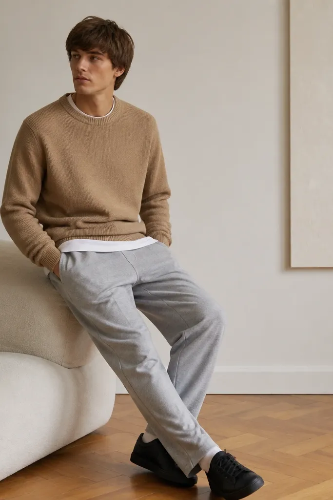 Gray sweatpants paired with a tan crewneck sweater layered over a white tee, plus black sneakers.
