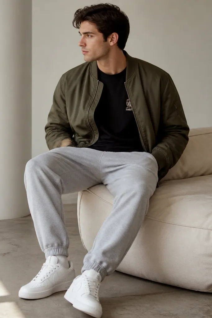 Gray sweatpants paired with a black t-shirt with a small chest graphic, layered under a solid bomber jacket in olive, and white sneakers.