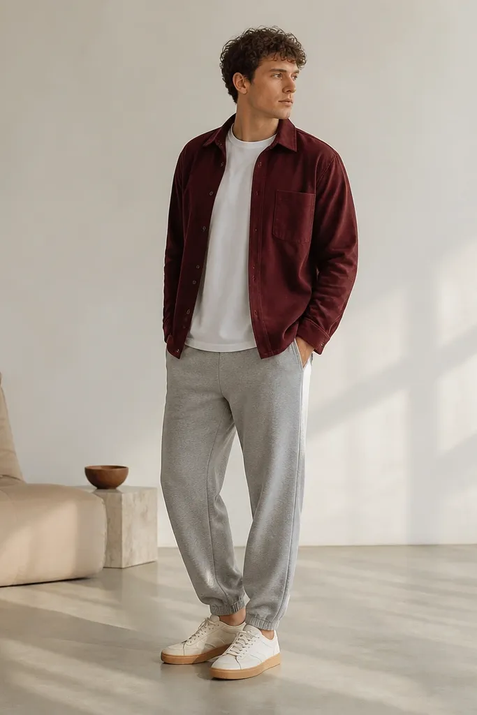 Gray sweatpants are styled with a burgundy overshirt worn open over a white tee, and cream sneakers with gum soles.