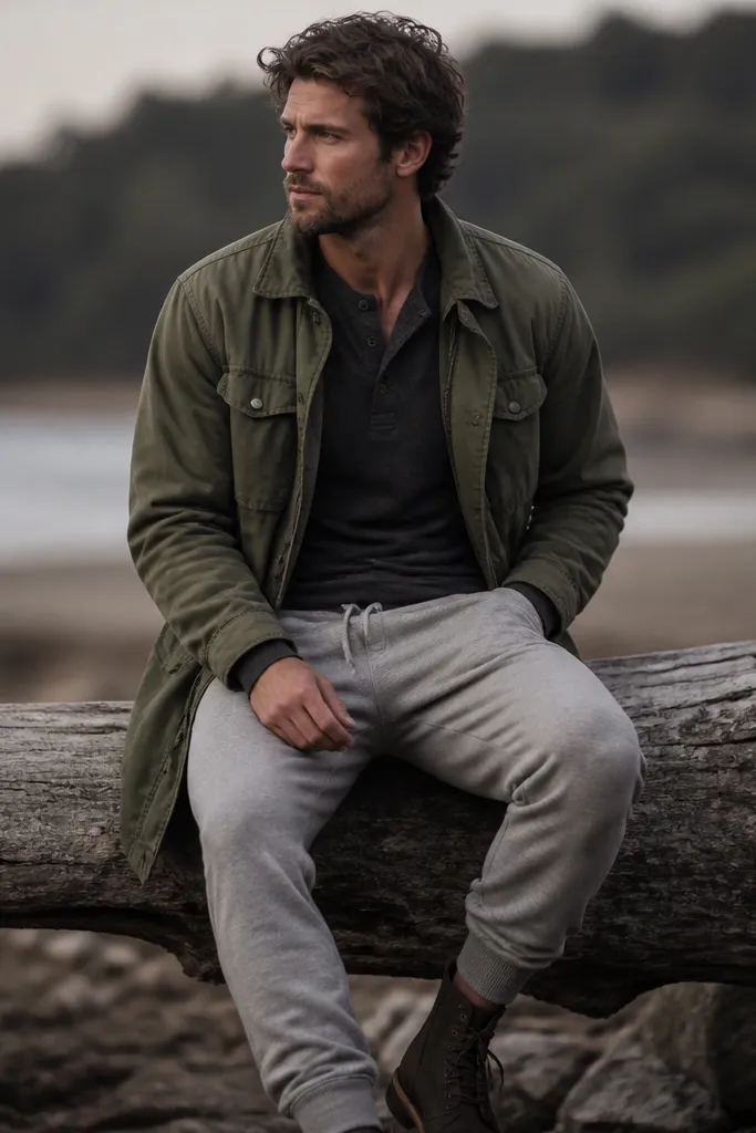 Charcoal henley under an olive field coat, with gray sweatpants and dark boots.