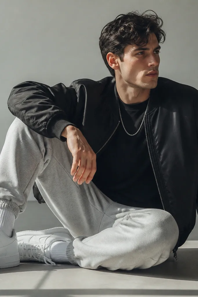 Gray sweatpants with a black t-shirt and a silver chain visible over the collar, plus a bomber jacket in black and white sneakers.