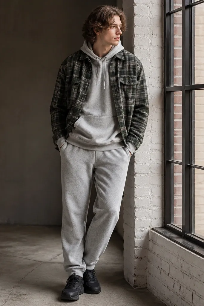 Gray sweatpants worn with a plaid button-down left open over a hoodie, showing hoodie sleeves at the wrists, and dark sneakers.