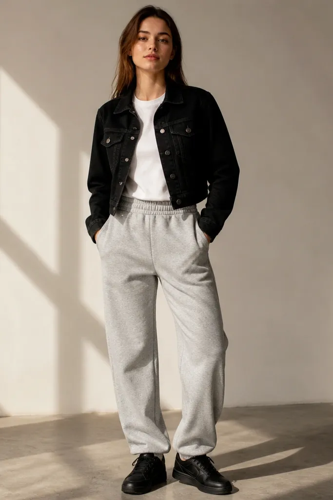 Gray sweatpants with a shorter black denim jacket, white t-shirt inside, and black sneakers.