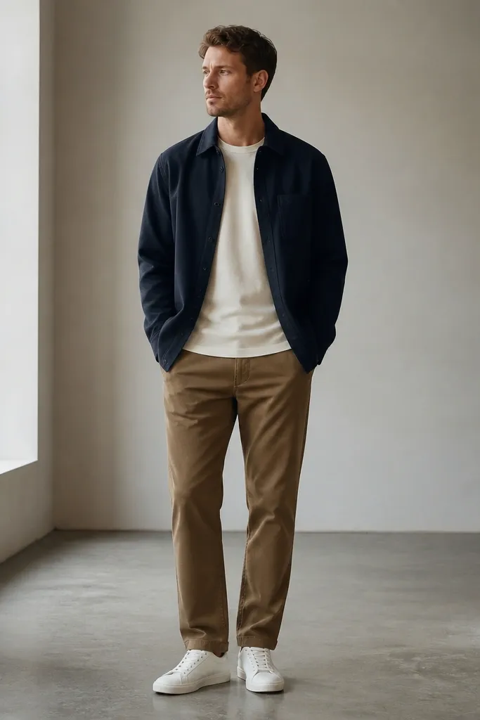 A man in a cream heavyweight crewneck tee layered under a navy overshirt, light brown pants, and clean white low-top sneakers; the overshirt is unbuttoned with the hem covering the waistband.