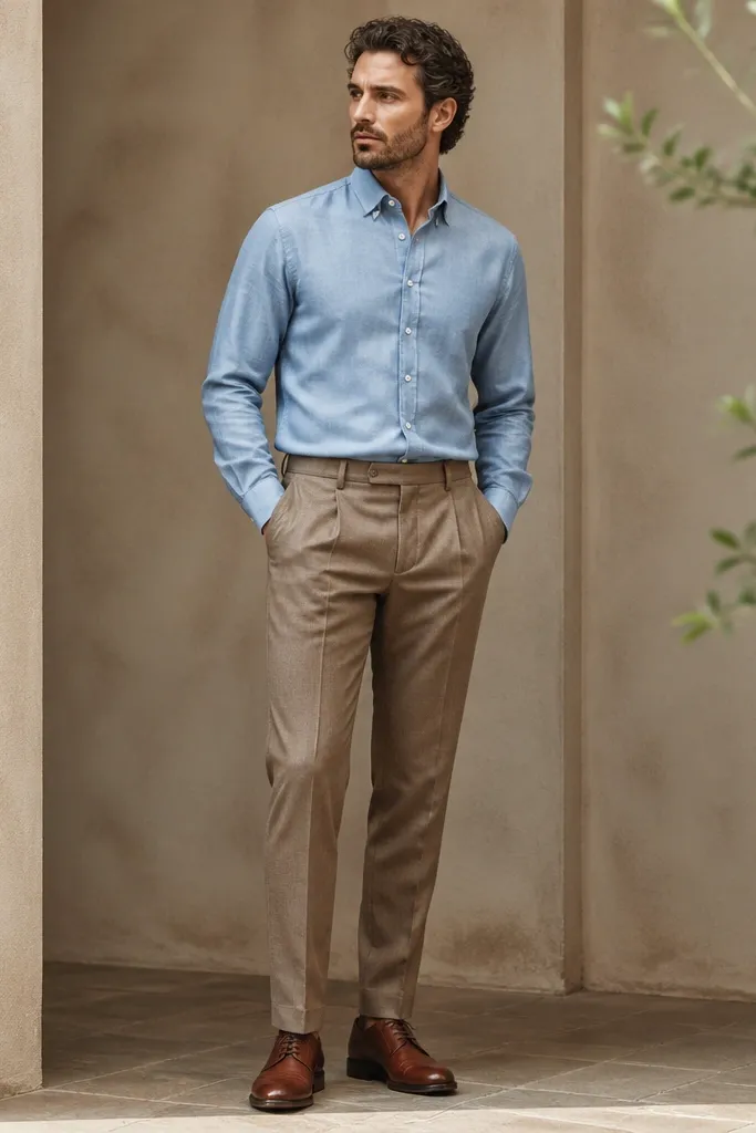 A man wearing light blue chambray with sleeves down, tucked into light brown tailored trousers, paired with mid-brown leather derbies; the fabric looks matte and the trouser break is modest.
