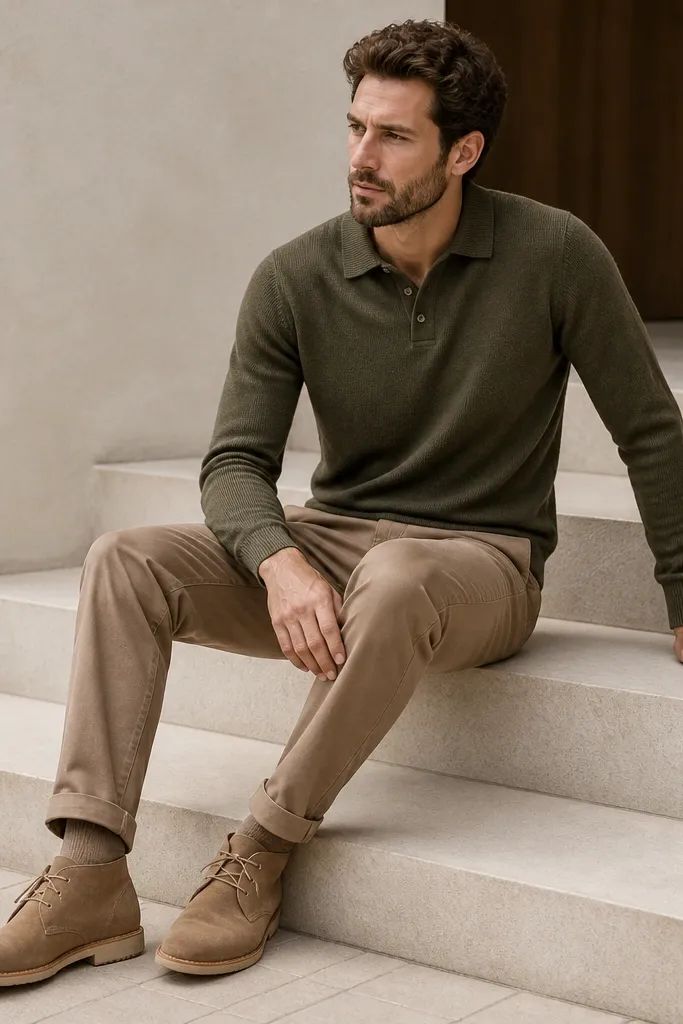 A man wearing an olive knit polo with a two-button placket, light brown pants, and tan suede desert boots; the polo has a soft knit texture and the boots show a suede nap.