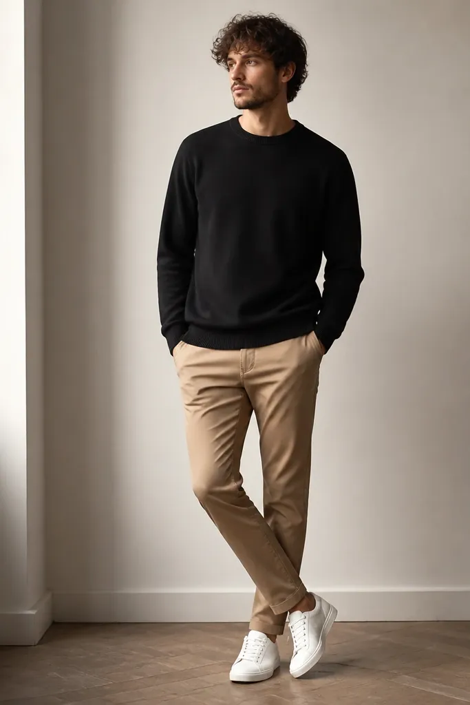A man in a black crewneck sweater over a light brown chino waist, paired with white low-top trainers; the sweater hem covers the waistband and the chinos taper slightly.