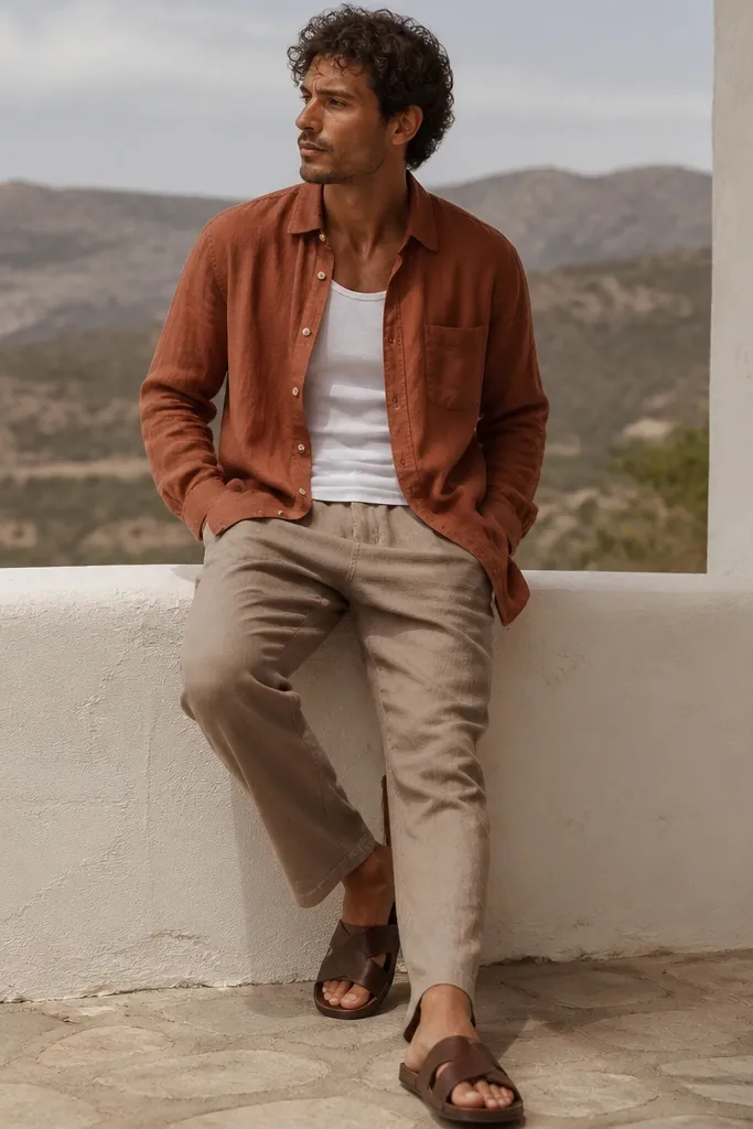 A man wearing a rust linen button-up worn open over a white tank, light brown pants, and dark brown leather sandals; the linen shows visible texture and slight wrinkles.