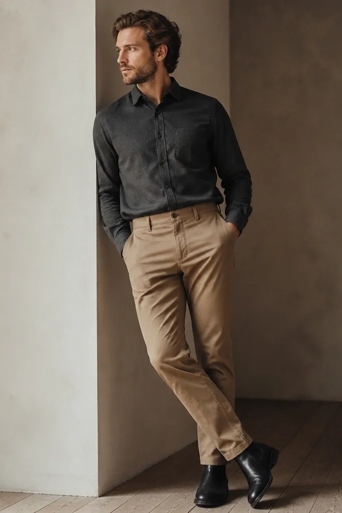 A man wearing a charcoal flannel button-up tucked into light brown pants, with black Chelsea boots; the flannel looks brushed and the sleeves are buttoned.