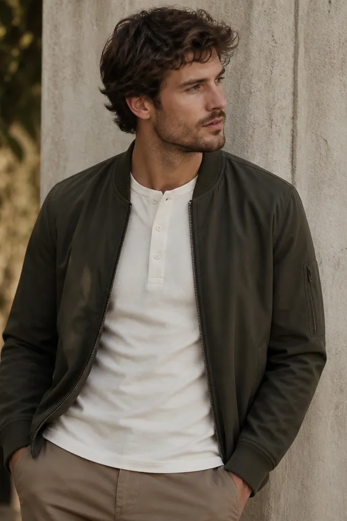 A man wearing a white henley shirt with a three-button placket, light brown pants, and a dark olive bomber jacket; the bomber has a ribbed collar and cuffs.