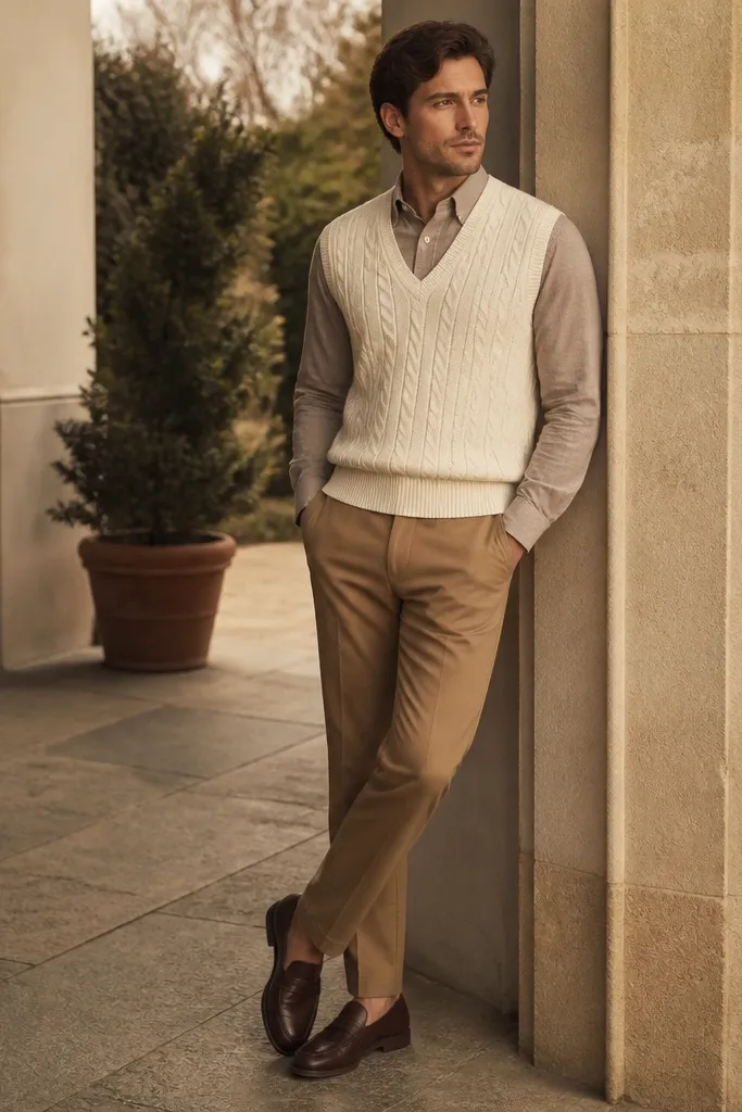 A man wearing a cream cable-knit sweater vest over a light brown-toned dress shirt, with light brown pants and classic leather loafers; the layering shows a clean V-shape.