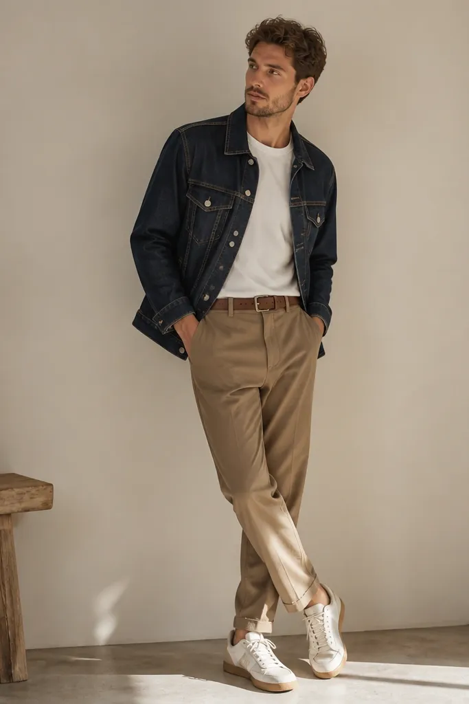 A man in a white t-shirt tucked slightly into light brown pants, wearing an indigo denim jacket; a brown belt and casual sneakers complete the look.