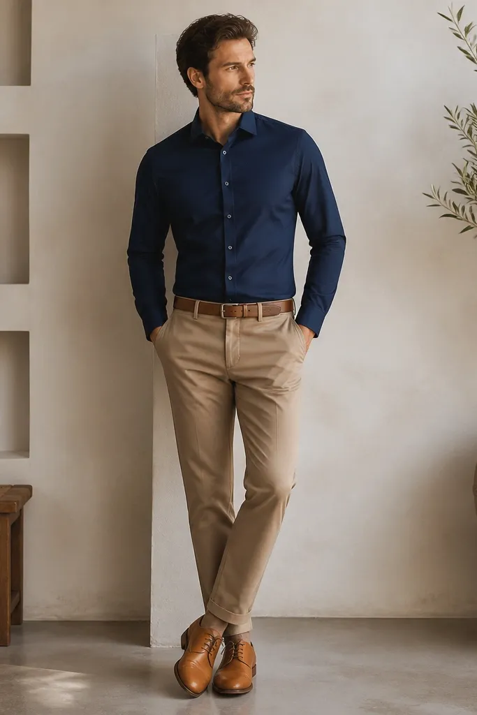 A man wearing a navy button-down shirt tucked into light brown pants, with a cognac leather belt and tan-brown leather shoes; the shirt has a clean collar and minimal wrinkling.