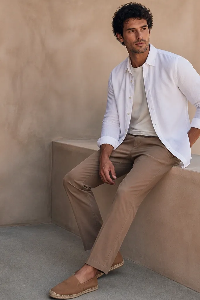 A man wearing an unbuttoned white linen shirt over a cream tee, light brown pants, and tan leather espadrille-style shoes; the shirt shows linen texture and relaxed drape.