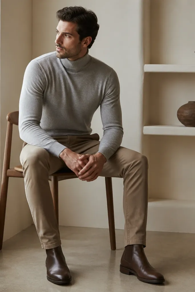 A man in a light grey turtleneck, light brown pants, and dark brown leather boots; the turtleneck is snug at the neck and the pants have a tapered fit.