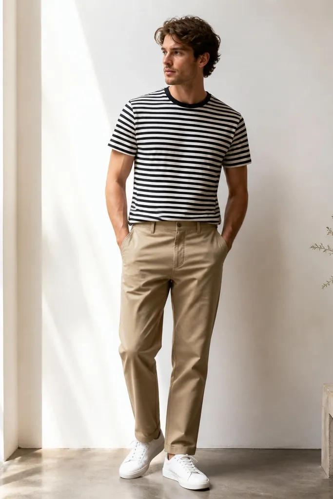 A man wearing a black and white striped tee with light brown pants and white sneakers; the stripes are horizontal and the tee sits neatly at the waist.