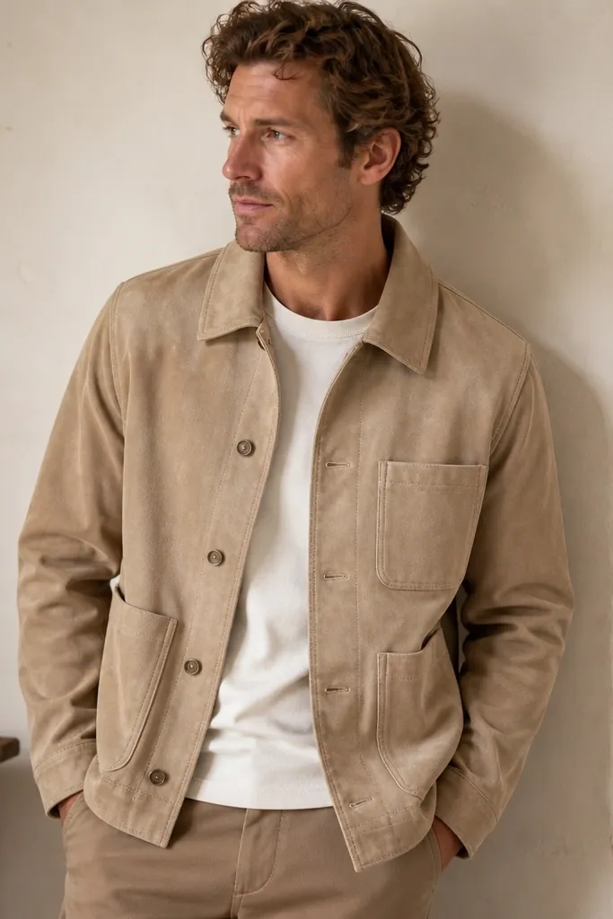 A man wearing a sand suede chore jacket layered over a cream t-shirt, with light brown pants; the suede has visible nap and the jacket has a workwear collar.