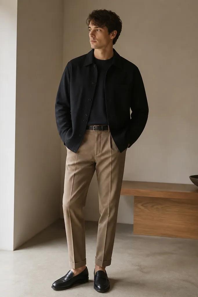 A man wearing a black overshirt over a dark tee, tucked-in light brown pants, and black leather loafers; the overshirt is buttoned and looks matte.
