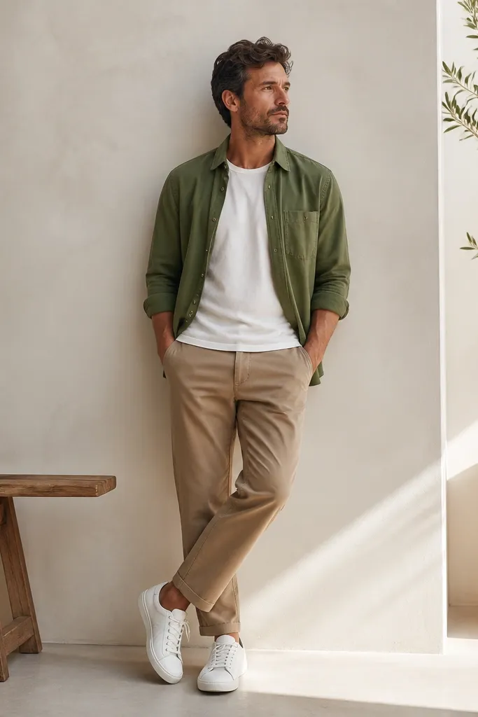 A man wearing a medium green overshirt, light brown pants, and white canvas shoes; the overshirt is unbuttoned and the tee underneath is plain.