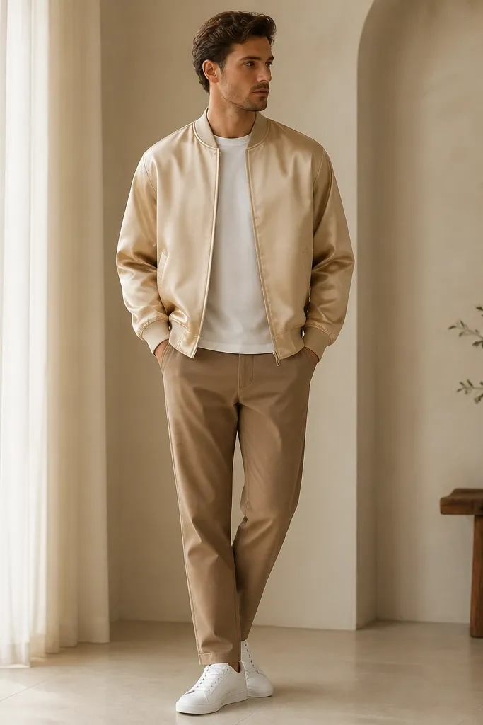 A man wearing a champagne satin bomber jacket over a white tee, light brown pants, and clean white sneakers; the bomber has a subtle sheen.