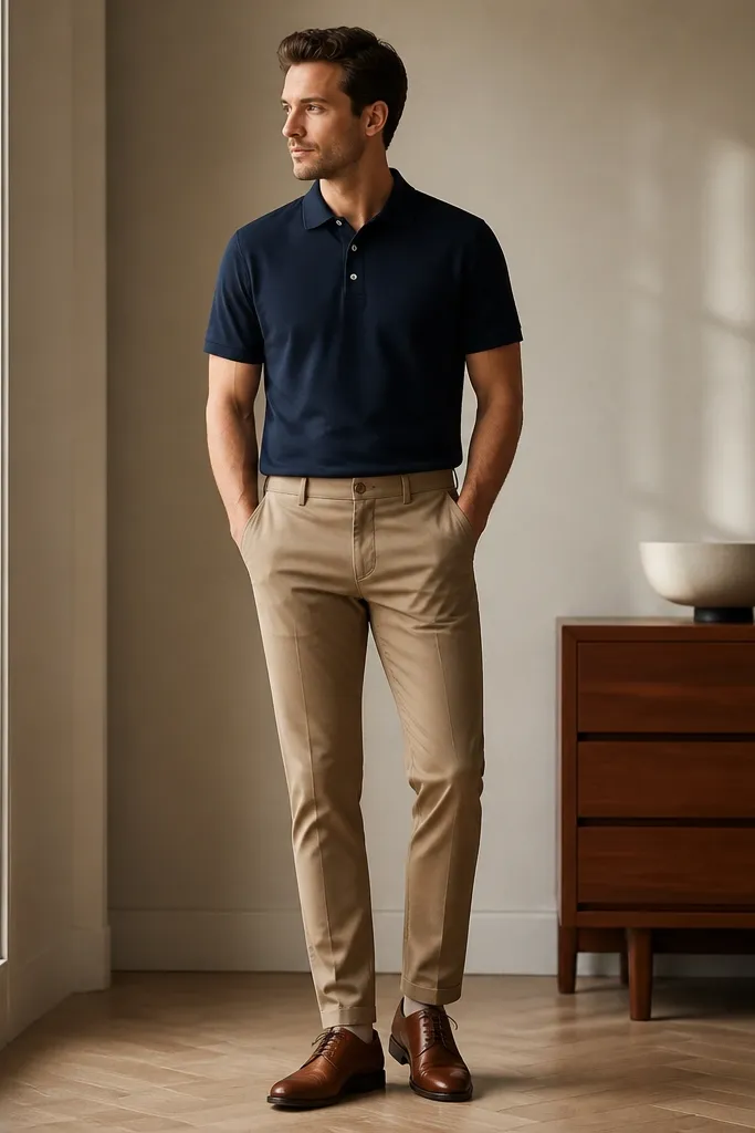 A man in a navy polo shirt tucked into light brown pants, with cognac lace-up leather shoes; the polo collar sits flat and the shoes look polished.