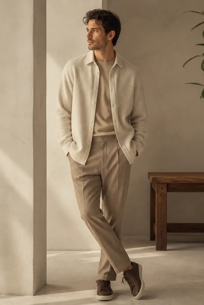 A man wearing a cream overshirt over a tee, light brown pants, and dark brown sneakers; the overshirt has a textured weave and the outfit is tone-on-tone.