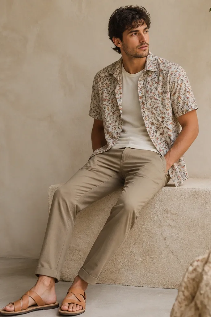 A man wearing a short-sleeve shirt with small floral print in muted tones, light brown pants, and tan leather sandals; the shirt is worn open over a plain tee.