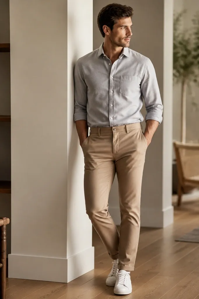 A man wearing a light grey oxford shirt tucked into light brown pants, paired with white sneakers; the oxford fabric shows a subtle weave and the shirt collar is crisp.