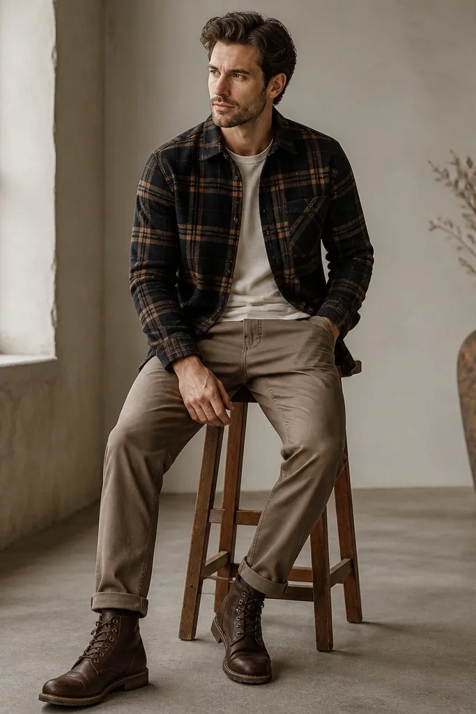 A man in a black and brown plaid overshirt layered over a tee, light brown pants, and brown leather boots; the overshirt has visible plaid lines and button closure.