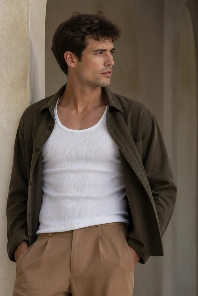 A man wearing a white tank top, light brown pants, and an olive canvas jacket; the jacket is worn open and the outfit looks breathable.