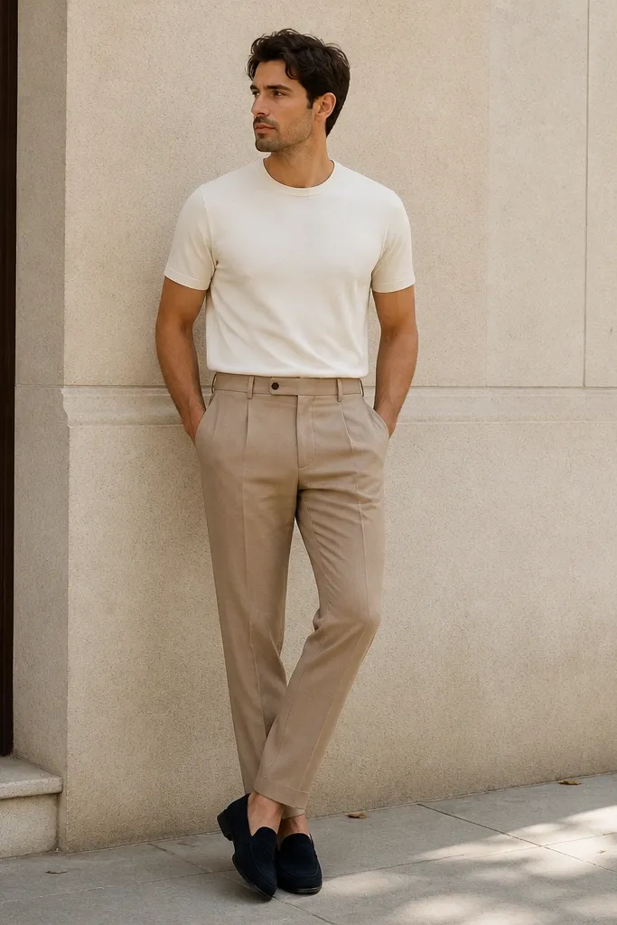 A man wearing a cream t-shirt tucked into light brown pants with navy suede loafers; the loafers have a soft nap and the outfit looks neat and minimal.