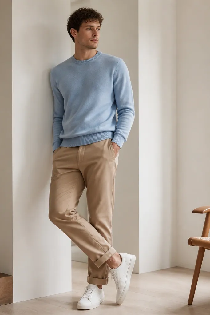 A man wearing a light blue crewneck sweater, light brown pants, and white sneakers; the sweater has a soft knit texture and the outfit is airy.