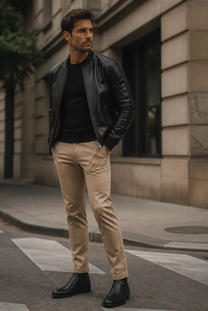 A man wearing a black leather jacket over a black tee, light brown pants, and black boots; the leather has a matte sheen and the pants break cleanly.