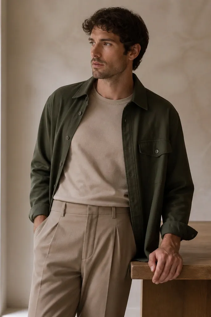 A man wearing a sand t-shirt tucked into light brown pants, with a dark green overshirt over it; dark green looks matte and the outfit is grounded.