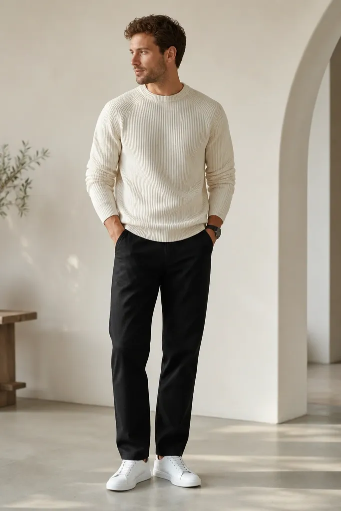 A man wearing black straight-leg jeans with a cream ribbed crewneck sweater. He has clean white low-top sneakers and a simple black watch. The sweater sits close at the wrists and the hem covers the belt line by a few inches.