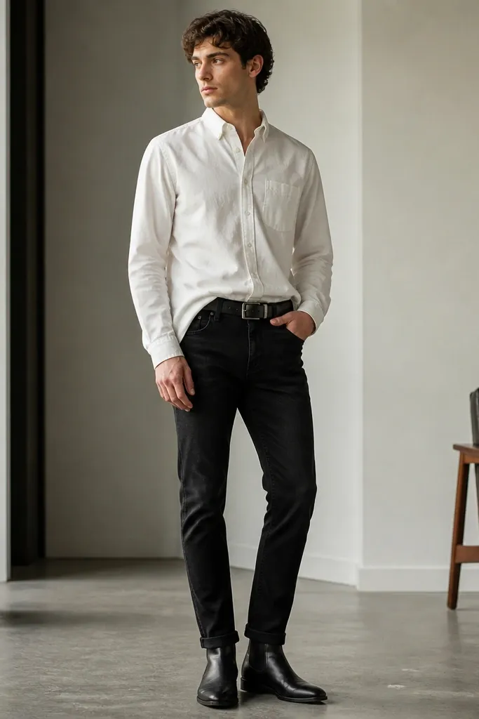 A white button-down oxford shirt is half-tucked into black jeans. The man wears black Chelsea boots with elastic sides, and the shirt collar is crisp. There's a black belt visible at the waistband and the jeans taper slightly to the ankle.